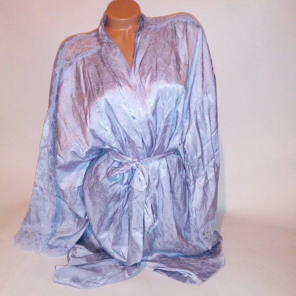 Victoria Secret Sleepwear Lingerie Robe Kimono Floral Blue Lace Trim Luxe Collec - Picture 3 of 12